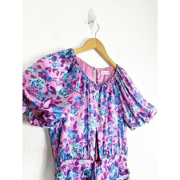 For Love & Lemons Tahiti Ruched Mini Dress Small Purple Floral Satin Cottagecore - Picture 7 of 14